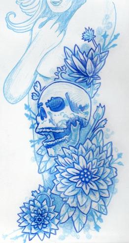 Tattoos - Blue Sketchbook Skull Flowers Side Tattoo Concept - 60605